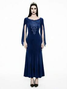 Glisette Vestido de manga larga con hombros descubiertos de terciopelo negro vintage de punto para mujer, otoño/invierno - Dark Blue - Ver 3