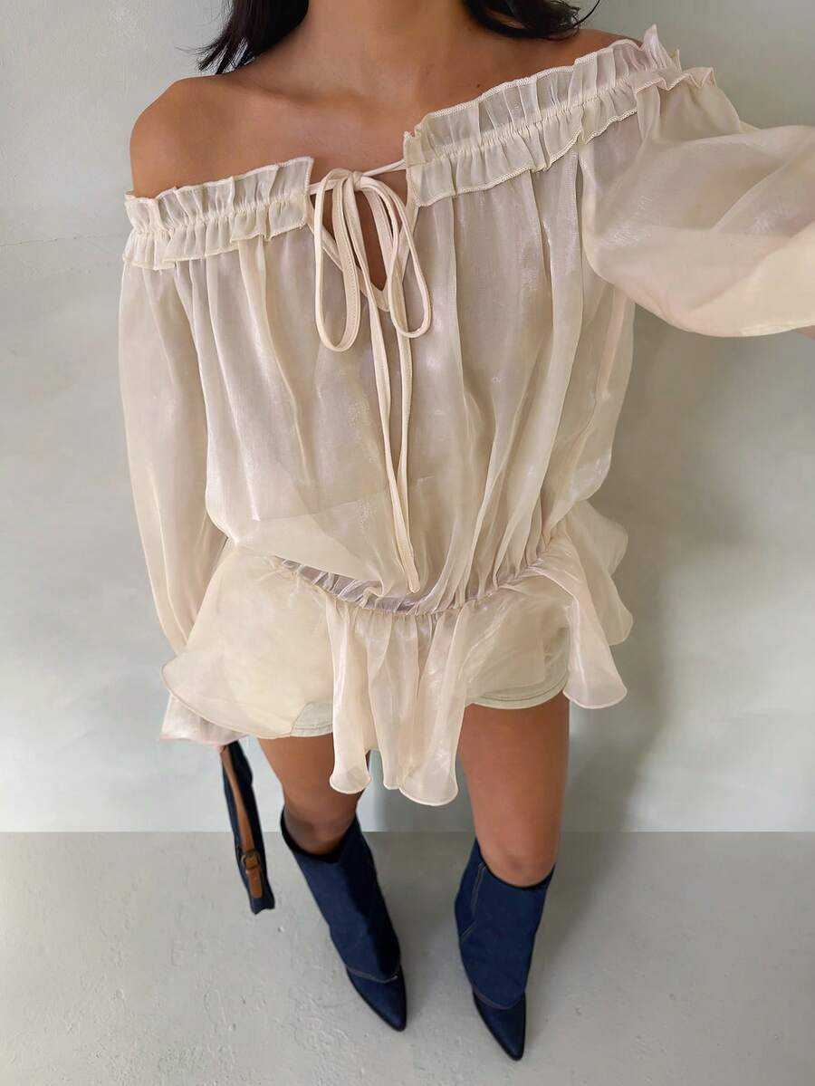 SHEIN Glamour 女士露肩系带性感优雅约会雪纺衬衫，喇叭袖，浅黄色长袖款，休闲衬衫，荷叶边袖口，泡泡袖，略微透视 - 杏色 - 查看 1