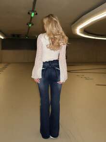 Turnttoni Women's Fashion Rhinestone Wing Embroidery Washed Flared Low Waist Jeans - Blue - View 2