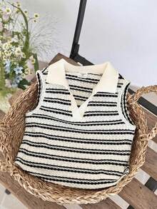 LMoss Kids Young Girl Striped Knit Collared Casual Tank Top - Apricot - View 7