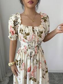 Elenzga Floral Print Petal Sleeve Ruffle Hem Waist Cinched Mini Dress - Pink - View 5