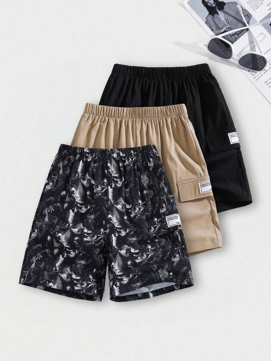 SHEIN 3件組青少年男孩寬鬆休閒純色運動工裝短褲套裝,黑色,夏季,休閒,登山,百搭基礎校園大學穿搭 - 彩色 - 查看 1