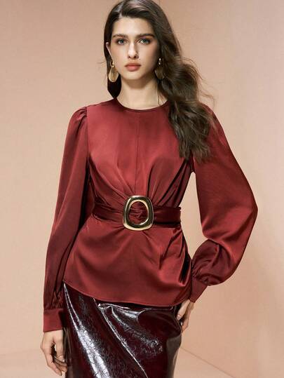 Arave Women's Satin Acetate Blouse Slim Fit Waist Knot With Metal Buckle Bubble Long Sleeve Crew Neck Elegant Office Outfits For Women Elegant Women's Blouses Office Attire For Women