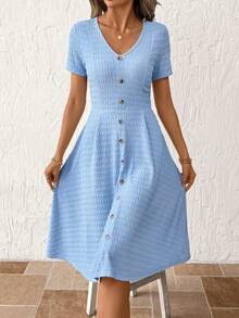 SHEIN Clasi Đầm nữ màu trơn cổ chữ V tay ngắn cài cúc, kiểu dáng thường ngày, dài đến đầu gối. - Màu xanh lam - Xem 4