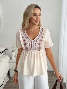 EMERY ROSE Apricot V Neck Peplum Blouse For Women Casual Short Sleeve Ruffle Hem Top With Plants Pattern - Apricot - View 6