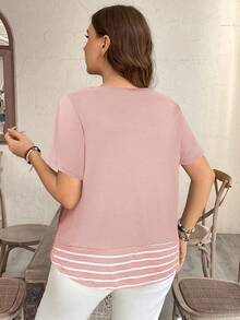 SHEIN LUNE 大码条纹拼接撞色口袋装饰休闲T恤 西部风女装 波西米亚风 90年代音乐节 夏季外出 春季女装 夏季波西米亚风 老钱风 夏季女装 圣帕特里克节 复活节 夏季 春季女装 海滩 圣帕特里克节 复活节 休闲装 夏季度假 女士 复活节 锐舞音乐节 波西米亚风 女士 乡村 女士 乡村音乐会 - 粉色 - 查看 2