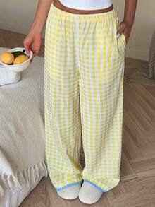 CovetEZ Quần ống rộng kẻ caro nữ kiểu dáng Y2K, họa tiết caro, gấu quần xếp ly phối màu tương phản, thích hợp cho mùa hè. - Màu vàng ngỗng - Xem 6
