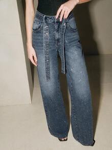 Anewsta New Arrival Rhinestone Embellished Women's Blue Straight Leg Jeans - Blue - View 7