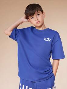 SUMWON Boys Oversized Royal Blue T-Shirt And Matching Shorts Co-Ord Set With White Number Print And Text Graphics - Blue - View 5