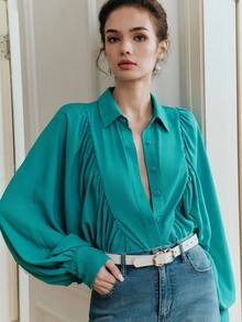 Anewsta Ladies' Elegant Blouse With Ruffle Design And Lantern Sleeves, High-Quality Shirt Suitable For Going Out, Commuting, Dating - Green - View 2