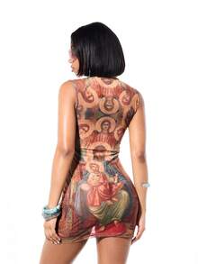 SUMWON WOMEN Đầm lưới ôm sát ngắn in họa tiết nghệ thuật thời Phục Hưng với họa tiết thiên thần, không tay, thích hợp cho tiệc tùng, cocktail, mùa hè, thu, mang phong cách cổ điển. - Nhiều màu - Xem 2