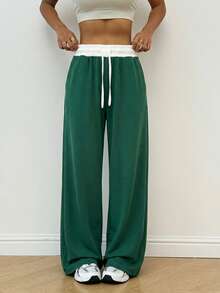 Dewbera Dewbera Loose Fit Contrast Color Drawstring Waist Slant Pocket Wide Leg Yoga Pants - Dark Green - View 6