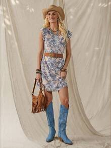 Wildy Blue Floral Summer Boho Vacation Holiday Women's Vintage Pattern Print Mini Dress,Casual Western Country Cowgirl Coachella Music Festival Outfits - Multicolor - View 7