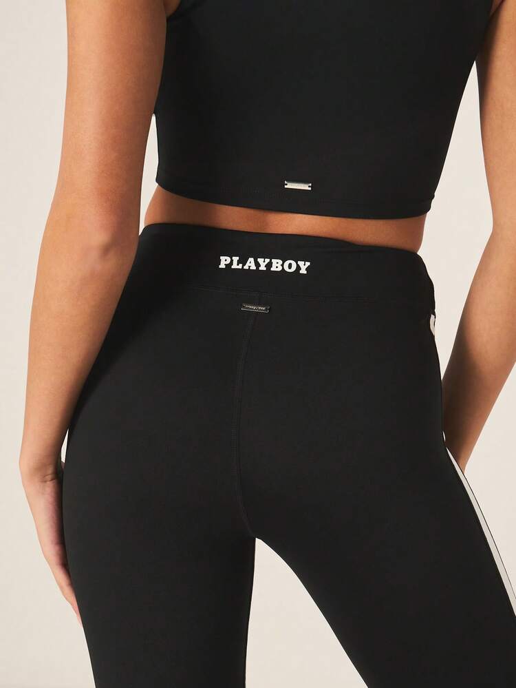 Missguided x Playboy Women's High-Waisted Athletic Side Stripe Leggings With Logo Print Black White Sporty Exercise Pants