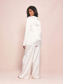 MISSGUIDED 奢华白色缎面新娘睡衣套装，绣花长袖衬衫，阔腿裤，婚纱睡衣 - 白色 - 查看 1