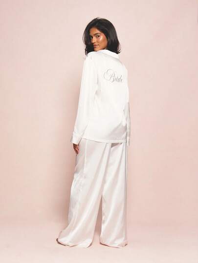 MISSGUIDED 奢华白色缎面新娘睡衣套装，绣花长袖衬衫，阔腿裤，婚纱睡衣