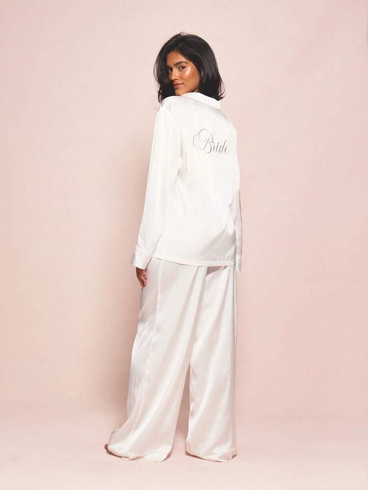 MISSGUIDED Luxurious White Satin Bridal Pajama Set With Embroidered Script Long Sleeve Button Up Shirt Wide Leg Pants Sleepwear Wedding