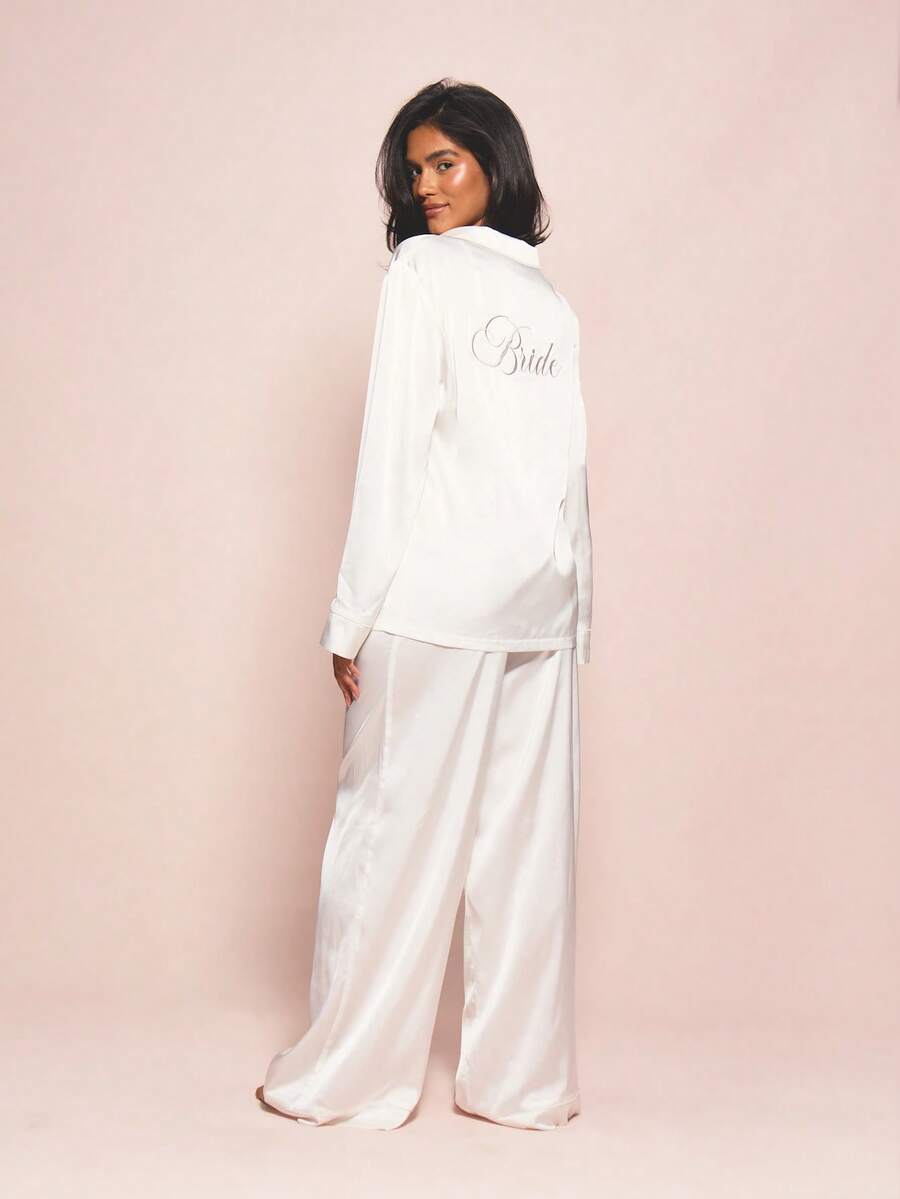 MISSGUIDED 奢华白色缎面新娘睡衣套装，绣花长袖衬衫，阔腿裤，婚纱睡衣 - 白色 - 查看 1