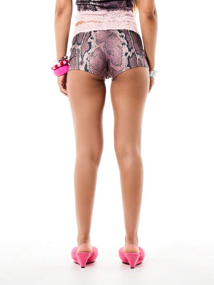SUMWON WOMEN Snake Print Lace Trim Booty Shorts