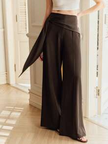 Anewsta Commuting Casual High Waist Flared Ribbon Design Straight Leg Women's Suit Pants - Brown - View 6