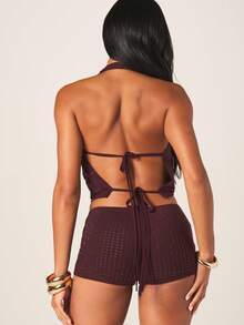 MISSGUIDED Bộ đồ hai mảnh gồm áo hai dây cổ yếm đính đá lấp lánh và quần đùi cạp cao dành cho nữ, thích hợp cho các buổi tiệc đêm. - màu nâu - Xem 2