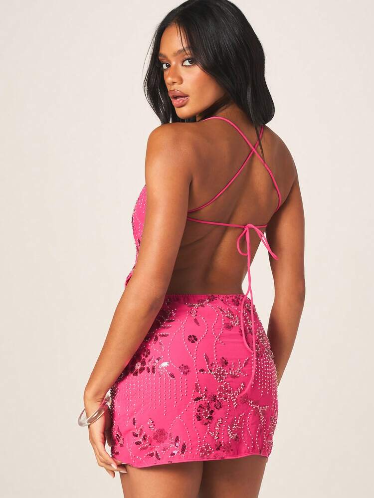 MISSGUIDED Women's Hot Pink Sequin Beaded Halter Mini Dress With Extreme Cut Out Back Floral Embellished Party Cocktail Evening Bodycon Spaghetti Strap