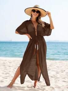 Swim Vcay 纯色扭结透视开衩休闲短袖罩衫连衣裙 - 咖啡棕 - 查看 3