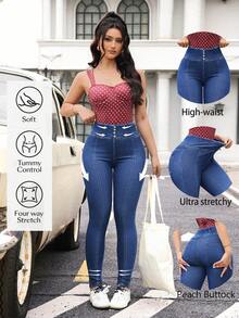 Flexra 女士弹力腰带纽扣设计修身休闲牛仔裤 - 藍色 - 查看 2