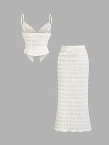 SHEIN Sweetro 2pcs Textured Camisole Top With Tie Straps & Ruffle Hem + Long Skirt Set - Apricot - View 2