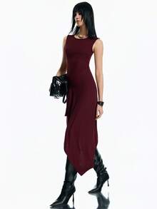 Airlisse Vestido ajustado sin mangas de unicolor minimalista y asimétrico para uso casual y de oficina - Burdeos - Ver 7