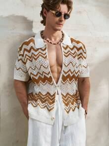 Airaco Men's Perforated Jacquard Wavy Pattern Knit Polo Shirt, Short Sleeve, Summer - Camel - View 5