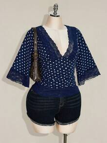 SHEIN ICON Áo cỡ lớn phong cách Y2K chấm bi gợi cảm cổ chữ V phối ren tay loe - Màu xanh hải quân - Xem 6