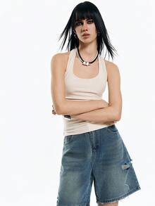 Airlisse 亲肤U领吊带露脐上衣，复古性感修身露背瑜伽背心，春夏新款女士无袖弹力紧身吊带上衣，美式性感吊带大水滴领背心，可叠穿或外穿，黑色 - 杏色 - 查看 4