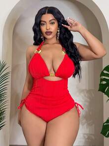 Slaydiva New Wavy Hollow Design Plus Size One-Piece Swimsuit, Slimming High Waist Ruched For Women - Red - View 6