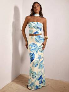 Opulessa 女士度假针织经典波点图案修身短款背心和低腰鱼尾裙两件套 - 彩色 - 查看 4