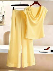 GlowEve Women's Shoulder Decor 3D Flower Design Draped Neck Blouse & Pants Spring & Summer 2-Piece Set - Light Yellow - View 9