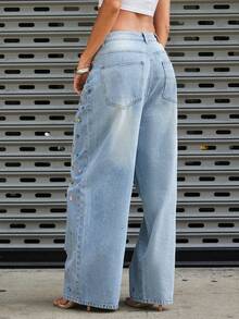 Denimoi Gemstone Embellished Straight Leg Jeans Fashionable Denim Statemen Jeans Rhinestone Jeans - Light Wash - View 6