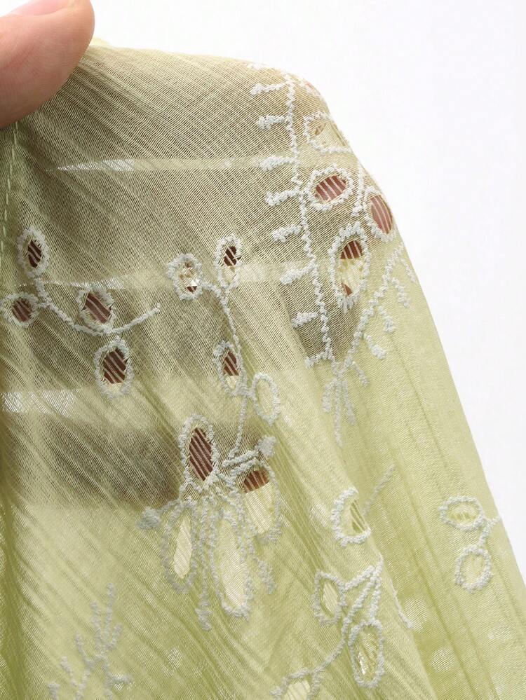 Contrast Color Pattern Embroidered Hollow-Out Fabric Loose Long Sleeve Casual Vacation Summer Blouse For Women Boho