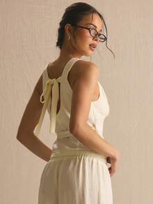 MUSERA Plunge Front Wrap Tie Waist Detail Co-Ord Top Only Spring Summer Cosy Cute Daily Girly Vacation Sunlight Social Easter Spring Summer - Light Yellow - View 4