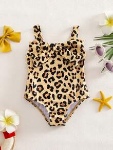 SHEIN Baby Girl Leopard Print Casual Beach Vacation Romper Swimsuit - Brown - View 1