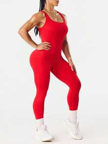 Dewbera 女士无缝红色运动连体裤，无袖交叉绑带心形镂空瑜伽健身裤 - 紅色 - 查看 4