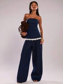 SHEIN BAE 女士撞色斜纹饰边抹胸上衣搭配阔腿牛仔裤休闲度假套装，适合春、夏、秋季穿着。 - 深色水洗藍 - 查看 8