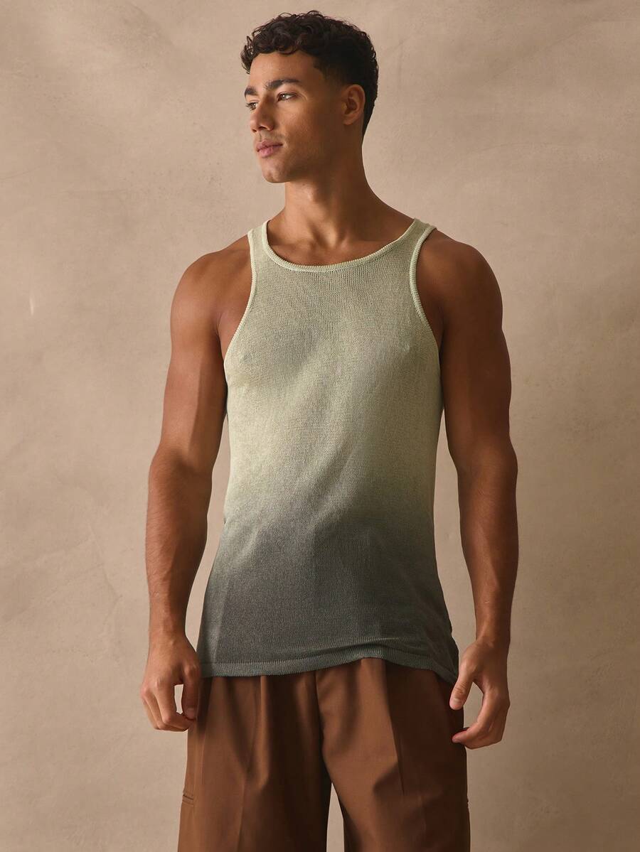 Musero Textured Mesh Sheer Style Tank Top Gradient Effect Sleeveless Crew Neck Line Vest Spring Summer Essentials Poolside Beach Wear - Green - View 1