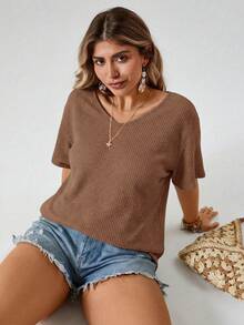 Freevana Plus Size Waffle Knit Batwing Sleeve T-Shirt - Brown - View 3