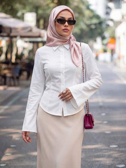 Calvaya 1 件纯色休闲前扣优雅长喇叭袖衬衫白衬衫女士办公室衬衫正式衬衫女士白衬衫