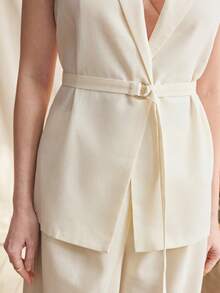 Zovinel Women's Casual Sleeveless Blazer Jacket And Wide Leg Pants Set, Adjustable Waist Belt, Spring/Summer - Apricot - View 5