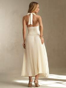 SHEIN Glamour Apricot Sleeveless Woven Button Back Camisole Top, Casual Mid-Length Pleated Skirt Minimalist Women's Suit Set - Apricot - View 6