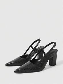 Sleekvia 女鞋尖头粗跟黑色压纹后跟带露跟高跟鞋简约优雅时尚百搭舒适通勤女鞋 - 黑色 - 查看 10