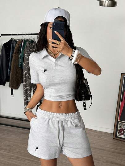 Muchica 2PCS Women's Casual Suit: Light Gray Polo Collar Short-Sleeved Top With Embroidered Horse On The Chest, Paired With Drawstring Waist Shorts With Embroidered Horse On The Waist; Casual Sportswear Set. 2 Piece Summer Set Women Grey 2 Piece Set 2 Piece Casual Sets Woman