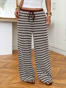 Muchica Brown Striped Knit Casual Pants For Women - Brown - View 6